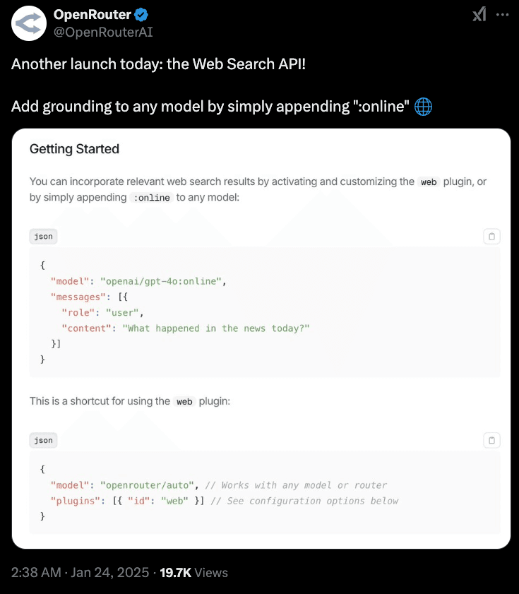 OpenRouter 官方推特关于 Web 搜索插件的截图